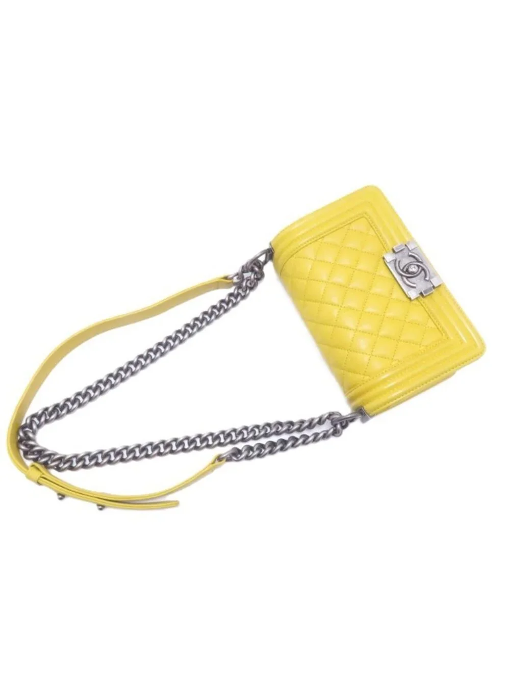 Chanel Boy 20 Quilted Chain Shoulder Yellow Silver Lambskin Bag